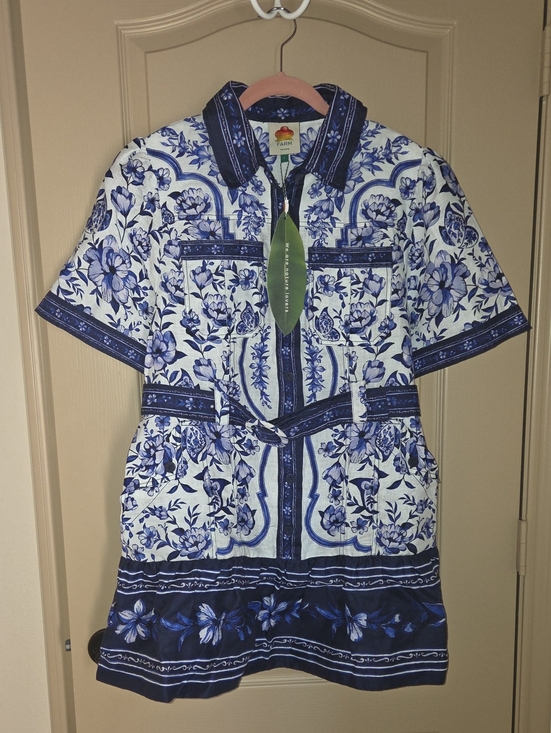 FARM Rio Dresses & Skirts - Women's FARM Rio White & Blue Floral Short-Sleeve Button-Down Shirt Dress
